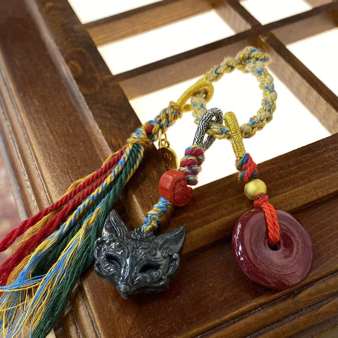 【棉绳 手工制作】翡翠 狐狸面具平安扣手机扣，多样性发货1件