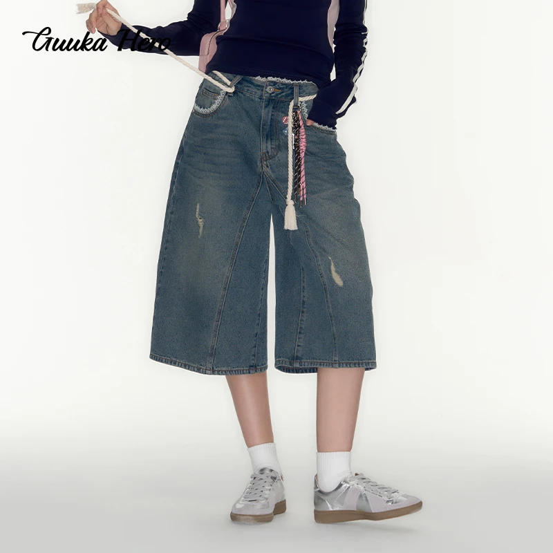 【达人专属】GUUKAHERO美式水洗做旧七分牛仔裤花边拼接慵懒风D5258