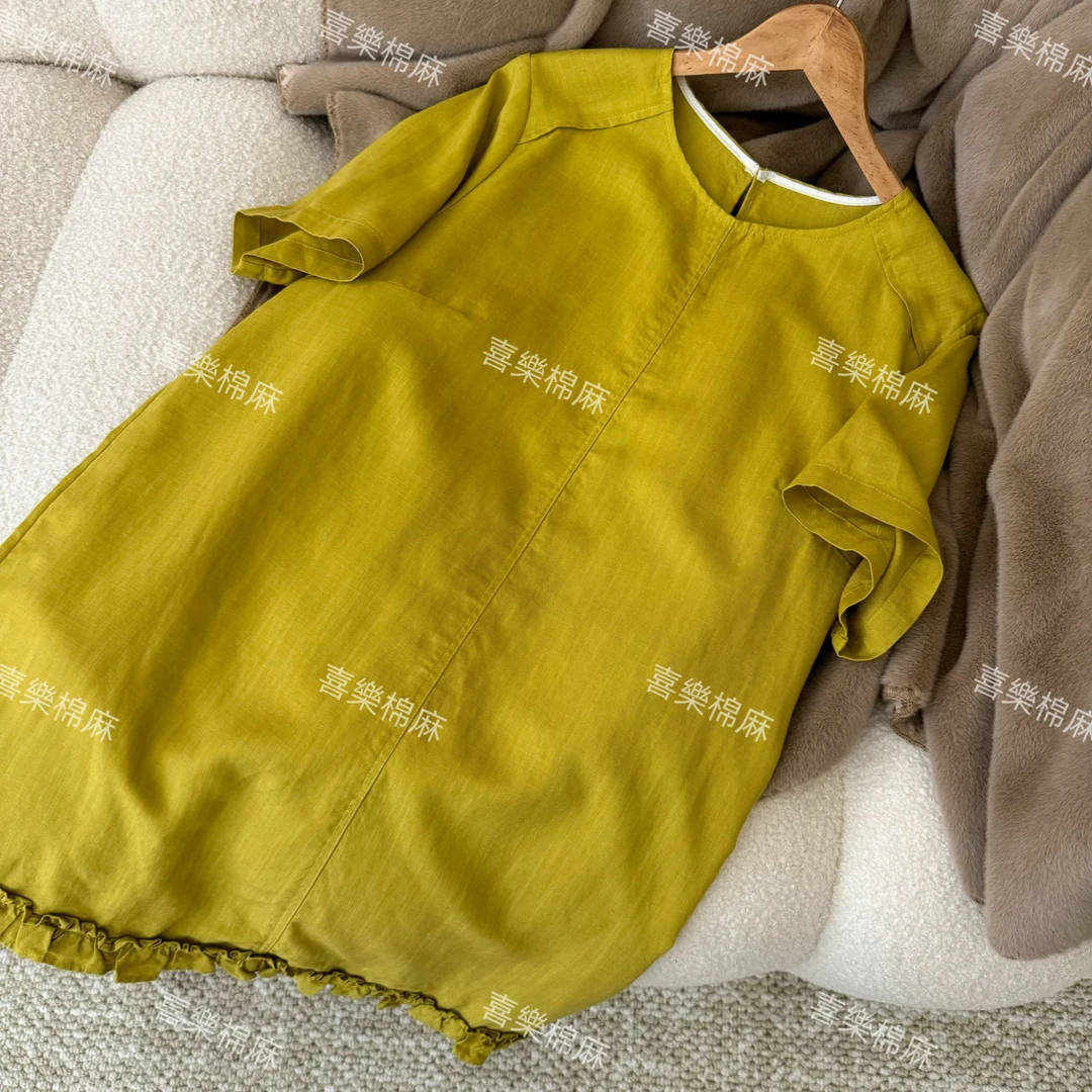 喜樂  2025亚麻天丝圆领纯色花边连衣裙夏季新款时尚百搭文艺女士