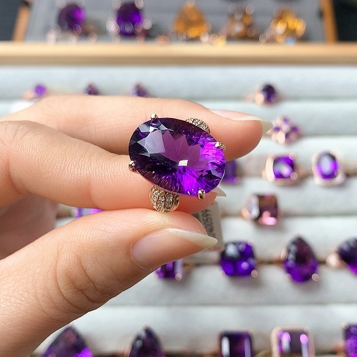 紫晶戒指银S925镶嵌在**方天然紫水晶