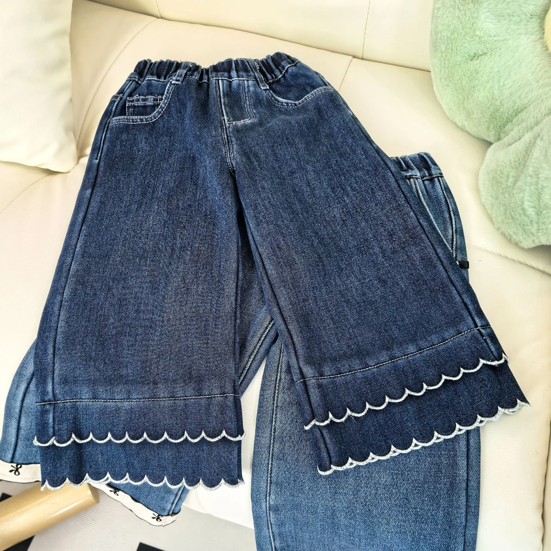 女童加绒裤子2025秋冬季新款时尚百搭加厚牛仔裤女宝洋气阔腿裤