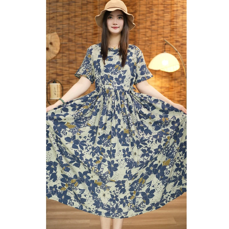 夏季新款高档长款印花时尚百搭宽松收腰显瘦大摆裙连衣裙长裙8