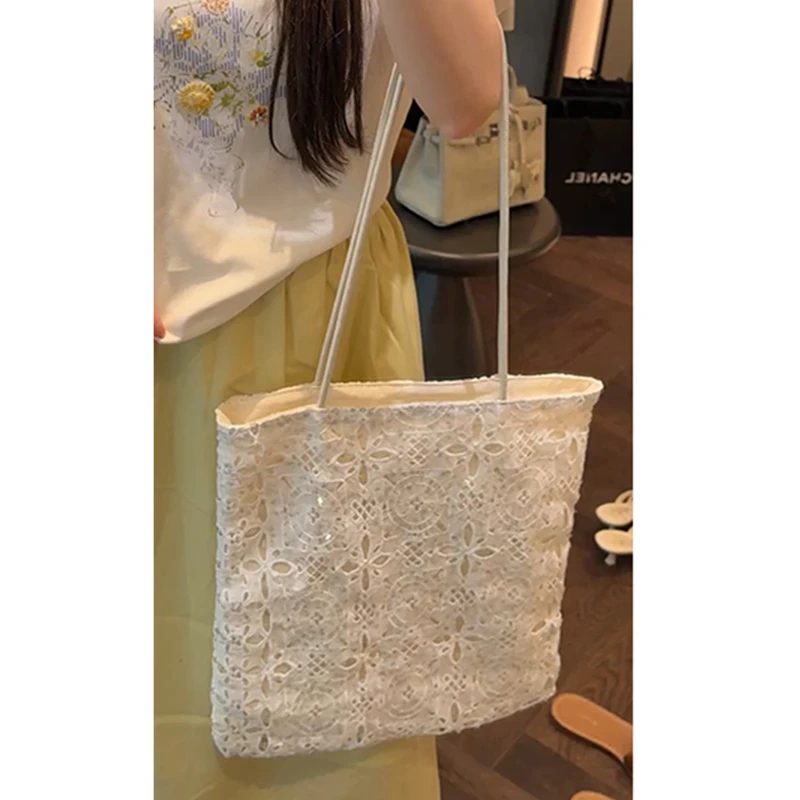 DX.DAXI气质白色蕾丝亮片帆布托特包(无拉链/可放13寸笔记本)