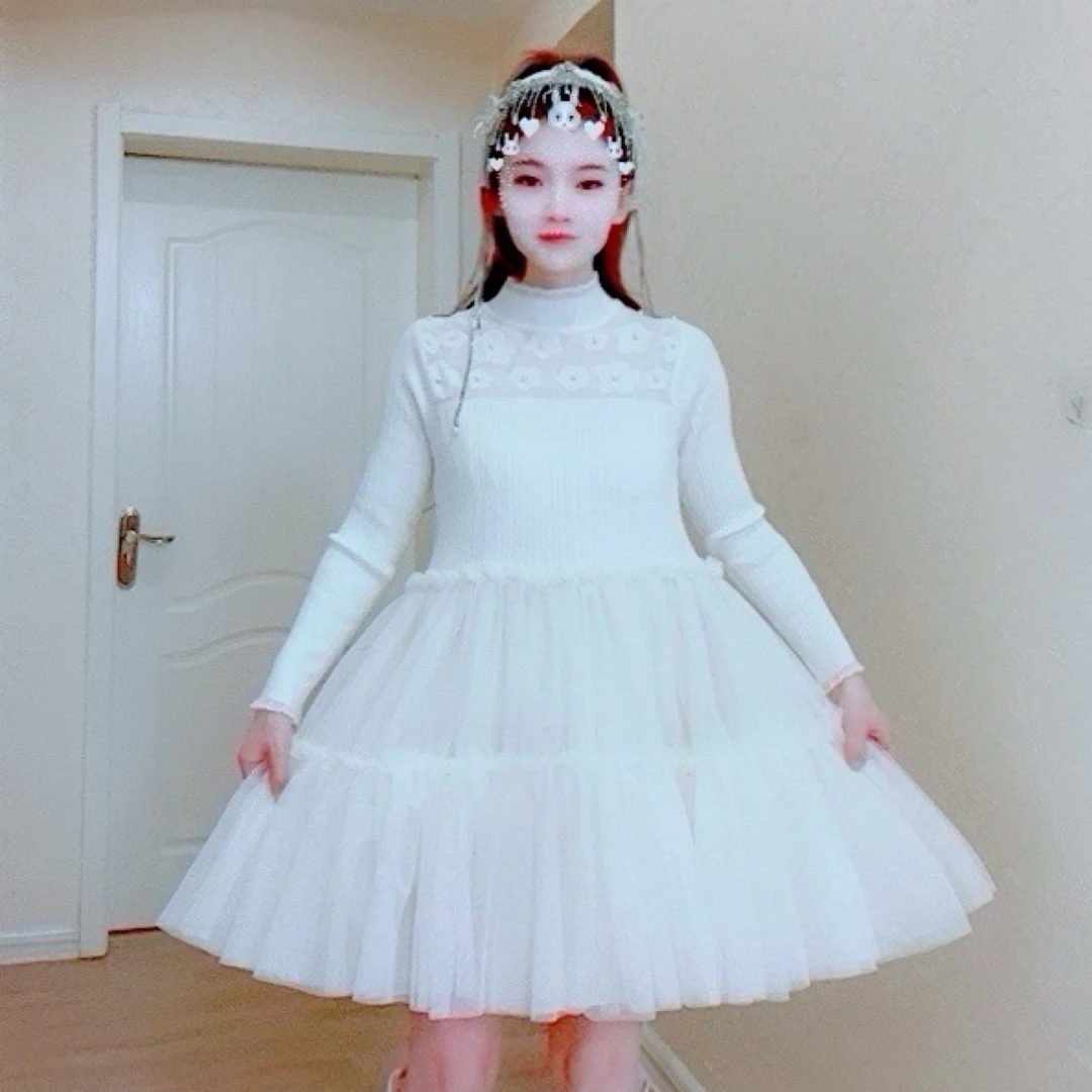 【面条家】5422#秋季针织收腰显瘦纱纱拼接连衣裙
