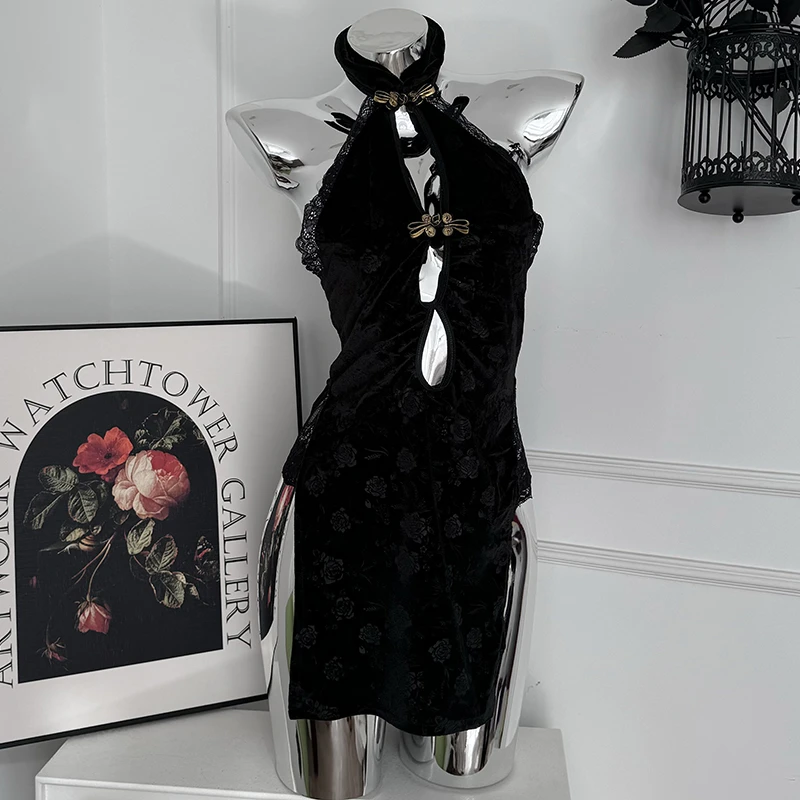 【玫瑰故事】80-200斤纯欲风睡裙中式高开叉旗袍睡衣蕾丝修身连衣裙