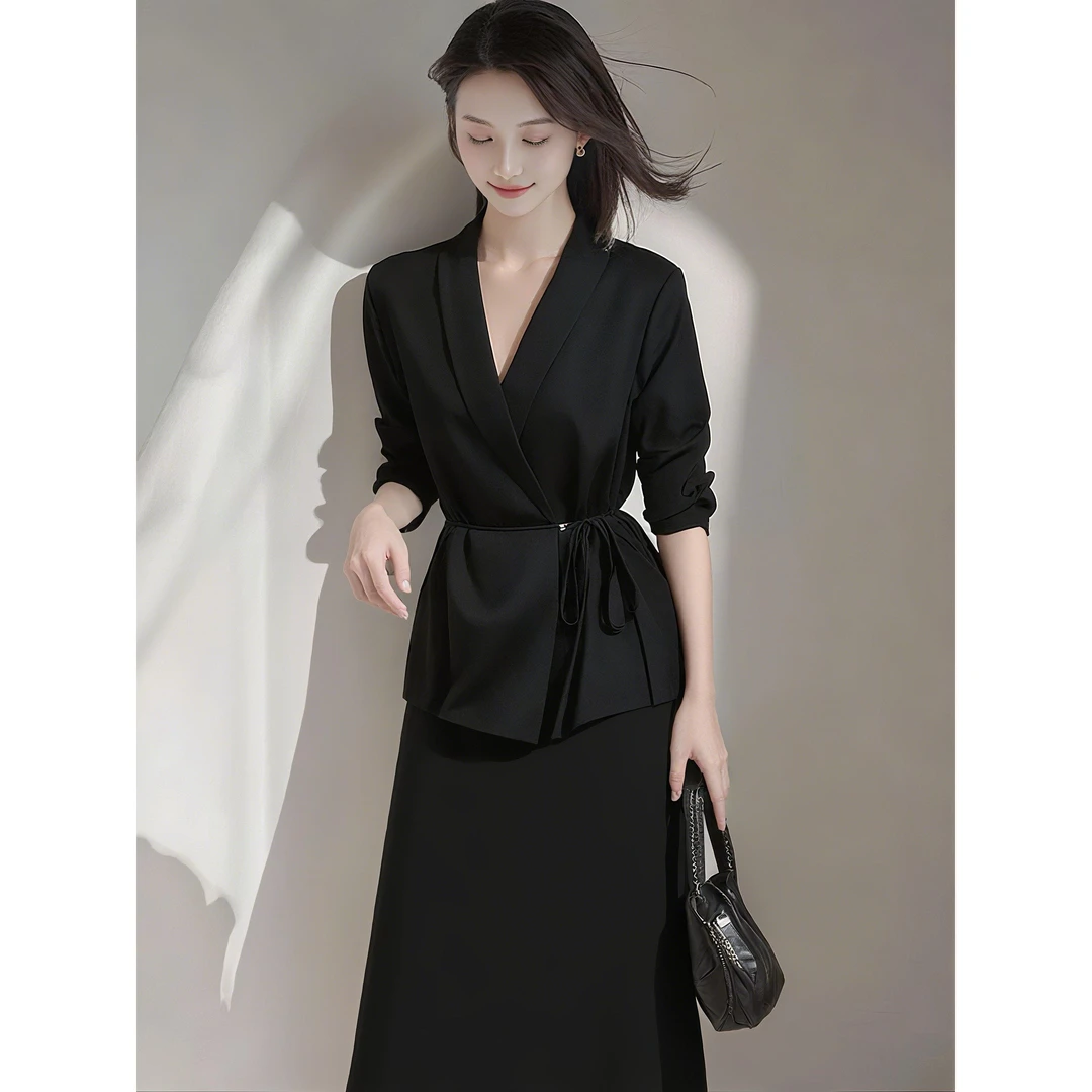 SS2085法式缎面西装衬衫小个子百搭休闲上衣系带外套半裙两件套