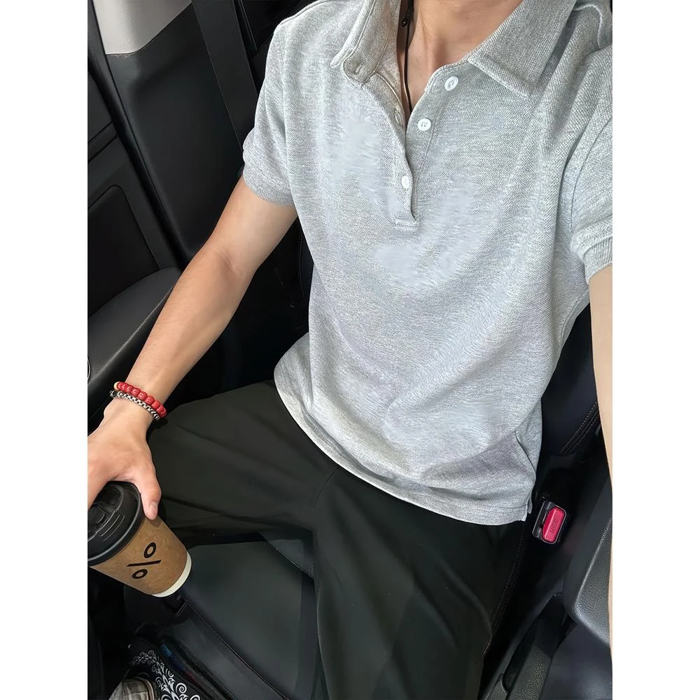 浅灰色美式正肩短袖男款polo衫夏季高级感痞帅重磅t恤修身半截袖