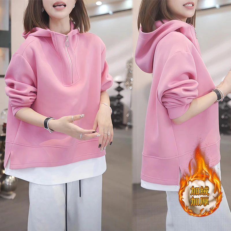 假两件连帽卫衣欧货大码女装2025早秋新款小个子显瘦宽松外套上衣