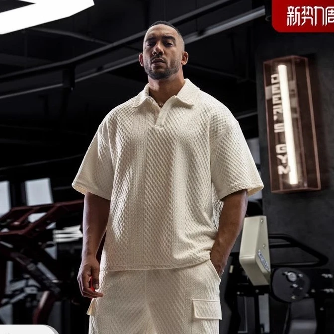 健美套装夏季肌理感重磅t恤男运动健身宽松加爸爸装中老年男装