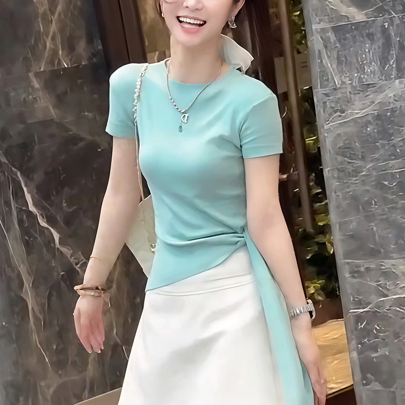 不规则正肩短袖t恤女士2025新款爆款夏季设计感修身绑带体恤上衣