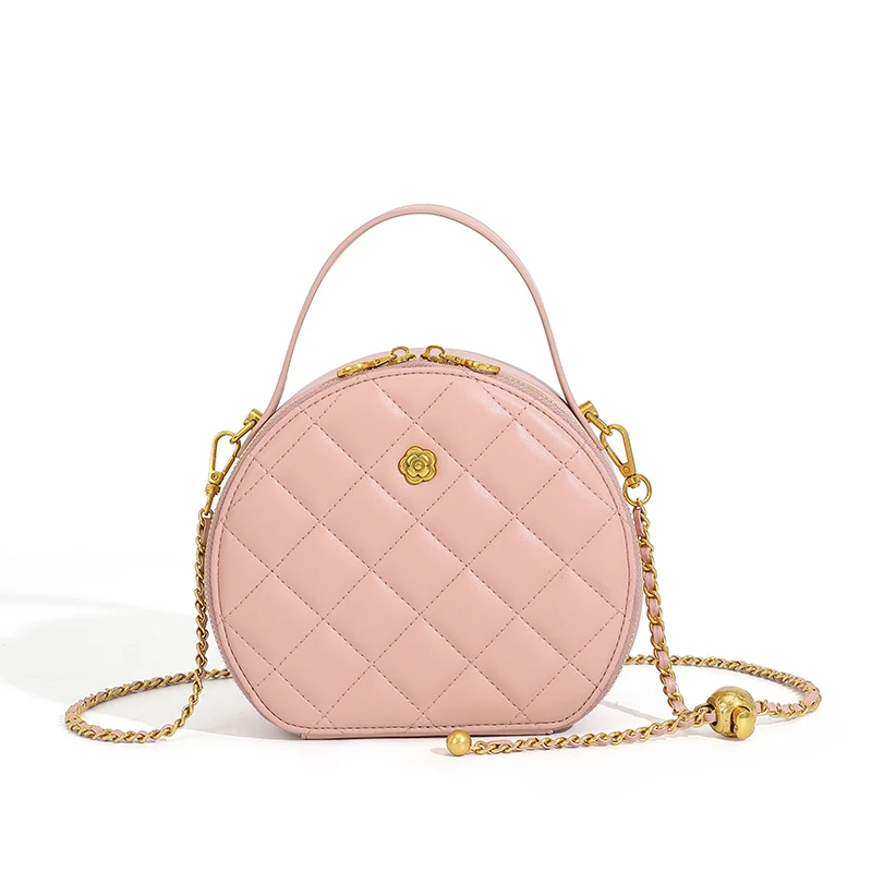 672藕粉色2025新款时尚休闲手提包百搭潮流苹果包菱格链条女包