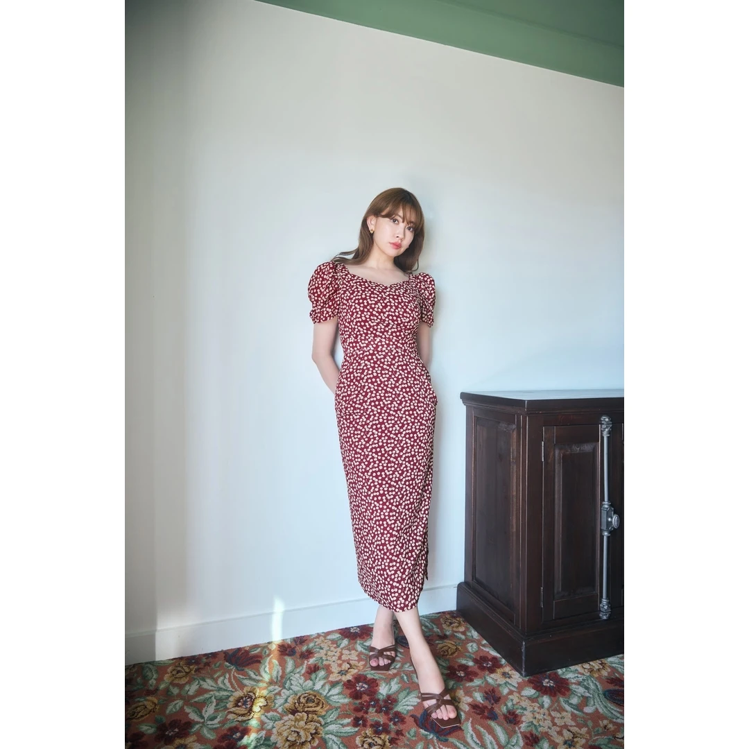 【Montendre】秋冬新款 H 泡泡袖修身甜美长裙碎花法式樱桃连衣裙