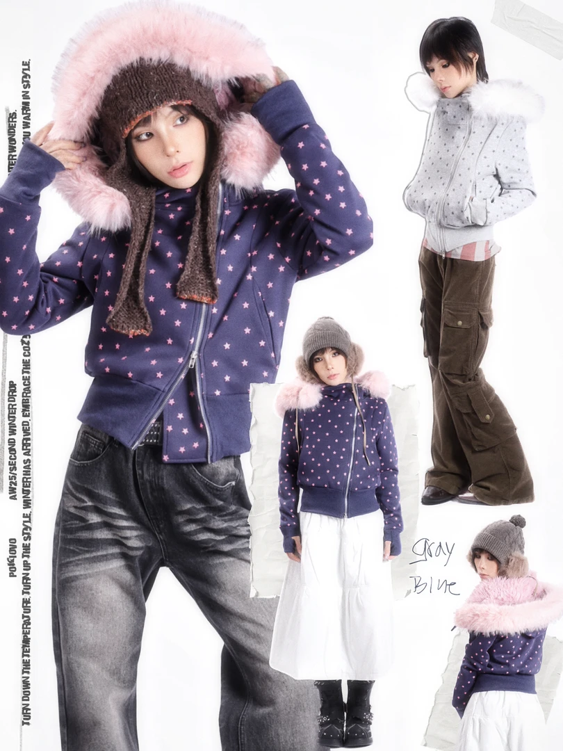 happyes"星星脑袋“轻亚风加绒短款棉服大毛领连帽斜襟不对称外套