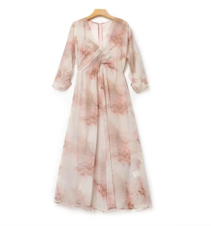 【悦悦专属】度假风印花交叉V领收腰连衣裙LSQ23299