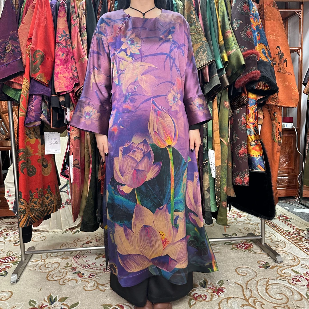 60姆米重缎荷韵悠然100桑蚕丝香云纱斜开襟袍子中国风