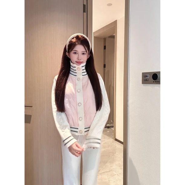 【SALE服饰】小香风粉色拼接针织短款立领加厚棉服女冬季保暖外套