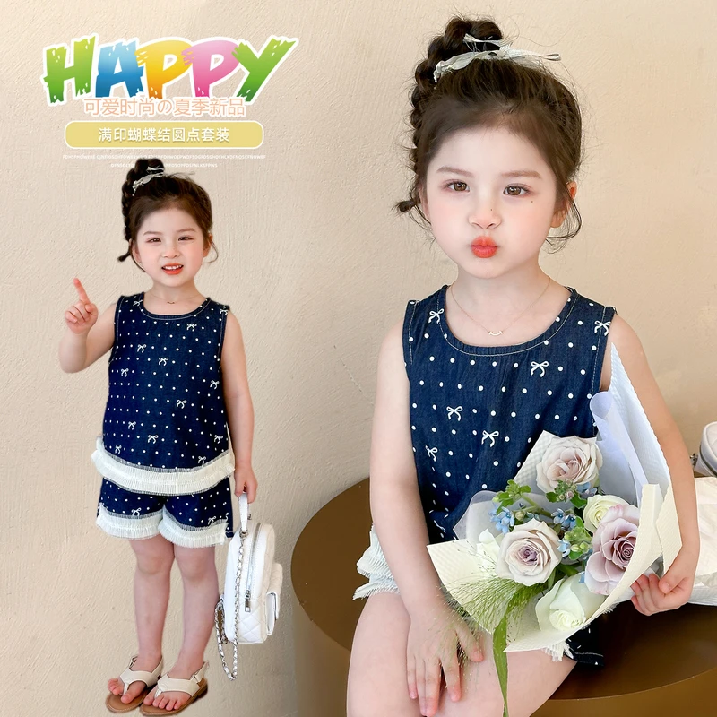 女童网纱拼接蝴蝶结花边背心韩版2025夏季新款波点休闲短裤套装潮