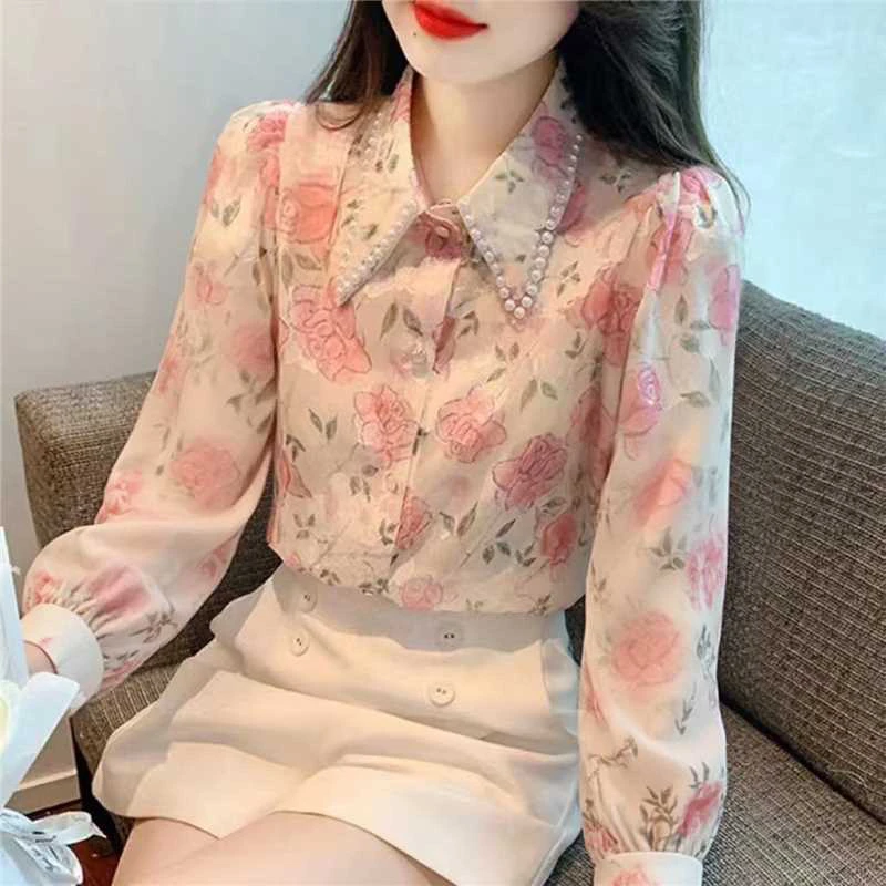 【运费补贴6-8】重工艺钉珠长袖设计感碎花泡泡袖洋气时尚上衣女