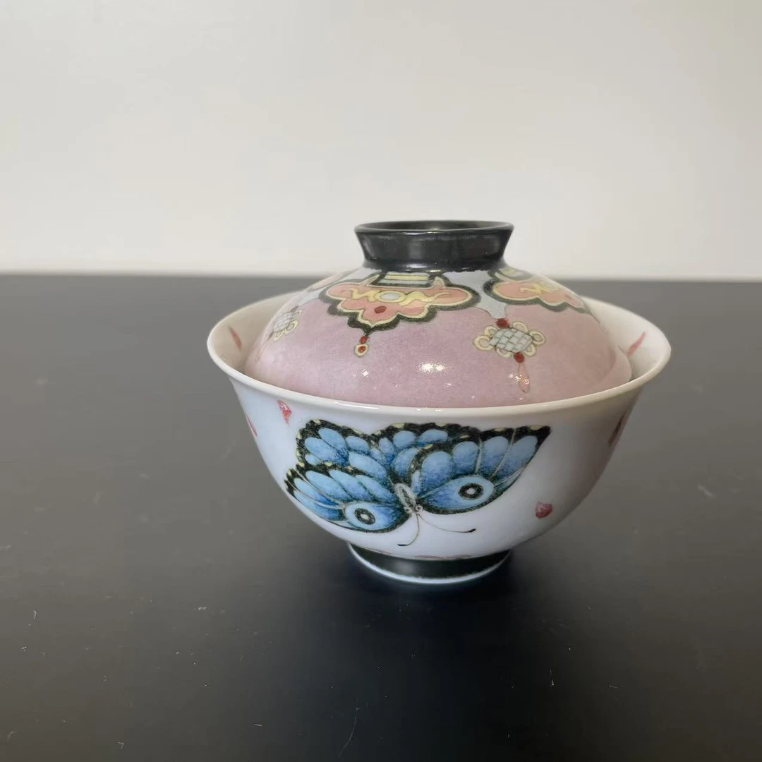 【央广甄瓷】 釉中五彩 蝴蝶花盖碗