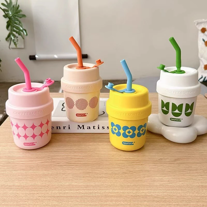 高颜值花朵保温杯女生潮流便携吸管水杯学生卡通可爱不锈钢半