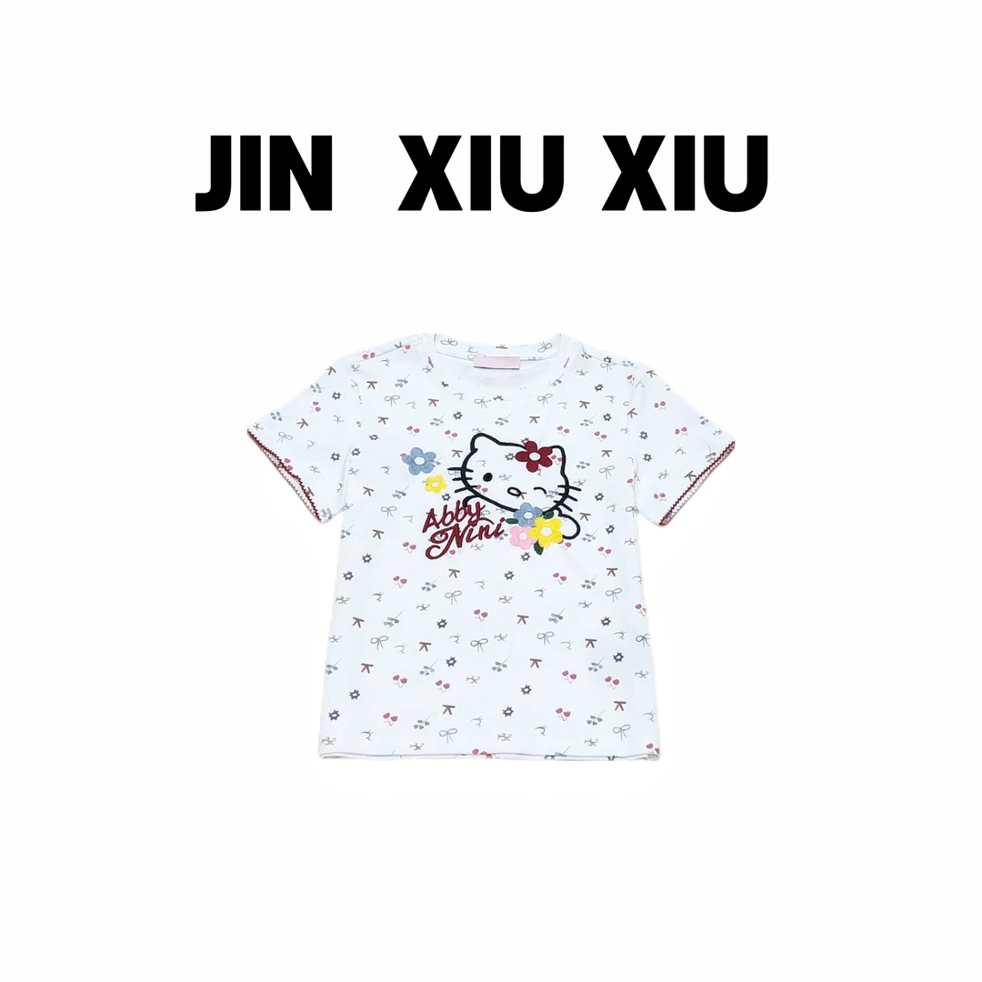 JINXIUXIU夏季新款刺绣小花kitty 猫韩系甜美拼色圆领短袖T恤340