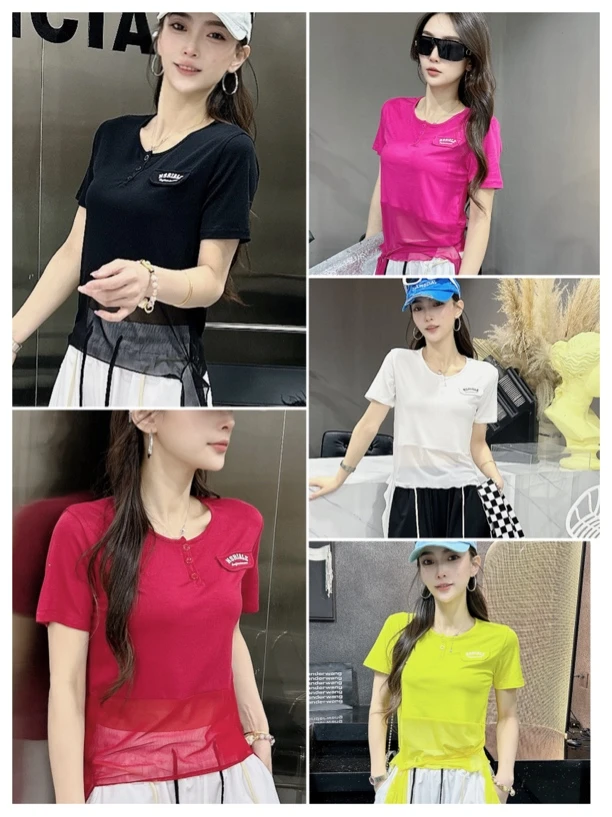 NH新品夏季薄款棉拼接网纱修身T恤9565