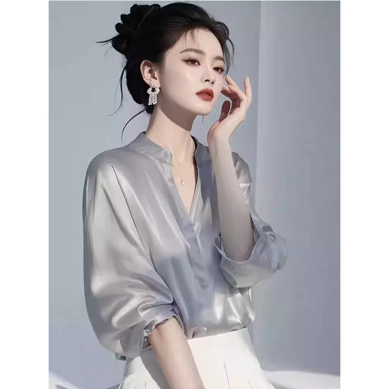 2025春季新款灰色衬衫女轻奢高级感减龄洋气独特漂亮法式气质上衣