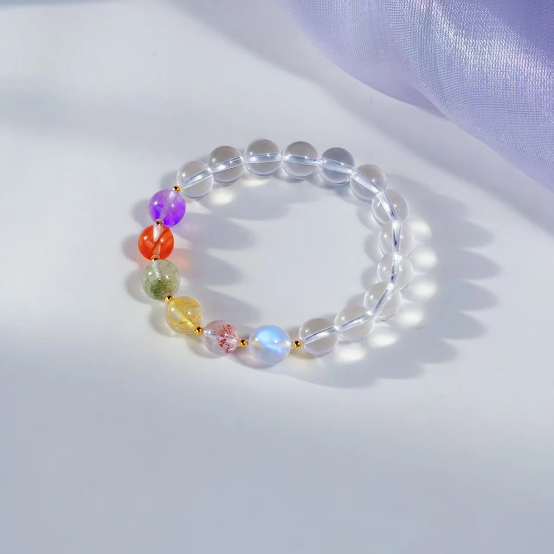 【彩虹】花奢珠宝 白水晶多宝18k金手串（多样性发货）
