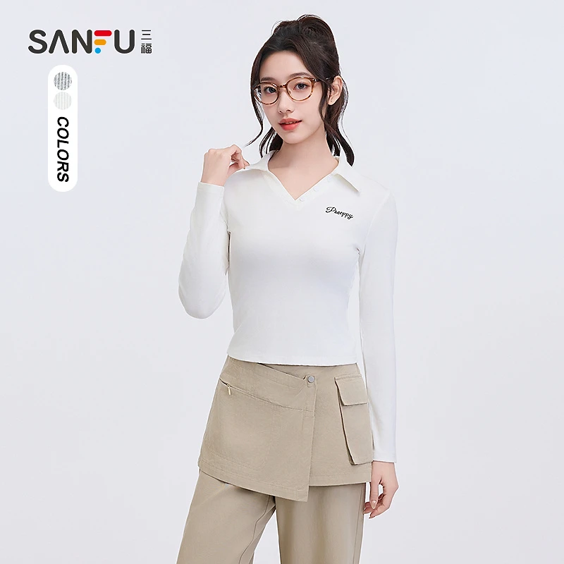 三福长T恤2025春季V字翻领蕾丝优雅时尚上衣女装496854