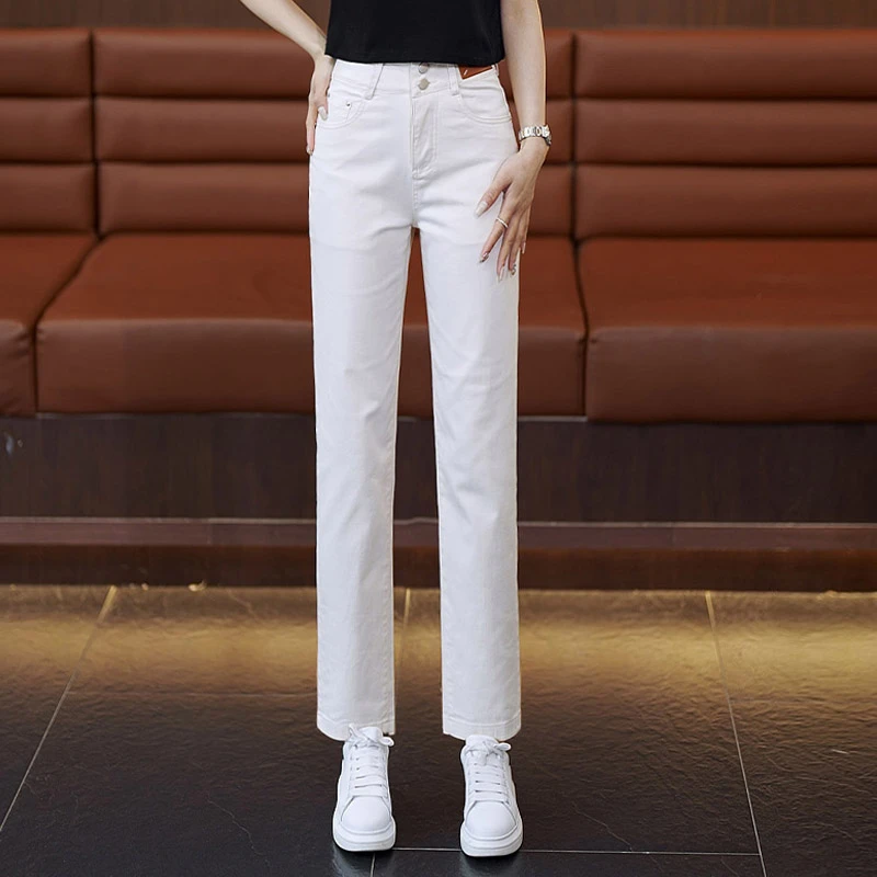 艾格白色休闲法棍牛仔裤2025春夏新款高腰九分直筒裤小个子烟管裤
