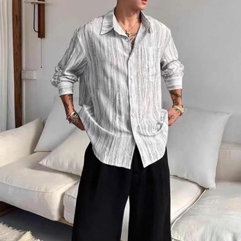 美式复古轻薄肌理感纹理通勤长袖衬衫男宽松条纹衬衣