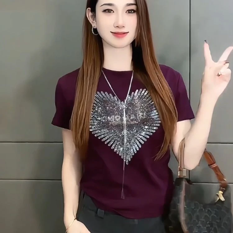 【精梳棉】2025夏季新款设计感圆领爱心烫钻短袖T恤显瘦女打底衫