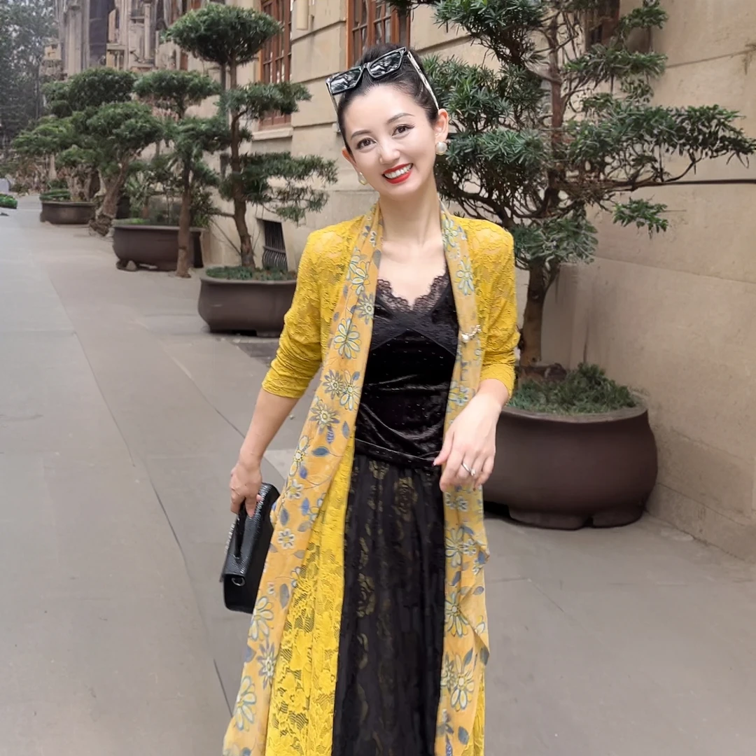 《丹尚爱》蕾丝气质性感夏季复古长款飘逸黄色春夏开衫轻奢外套