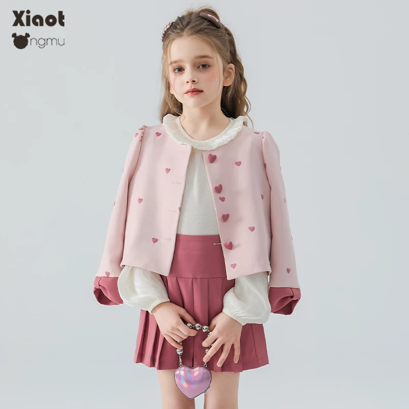 【断码特价】甜美仙女粉女童套装春装刺绣女大童外套百褶裙两件套