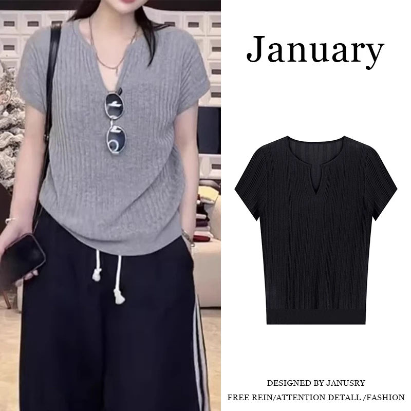 今年流行V领短袖针织衫2025夏季爆款大码胖mm设计感显瘦上衣-7292