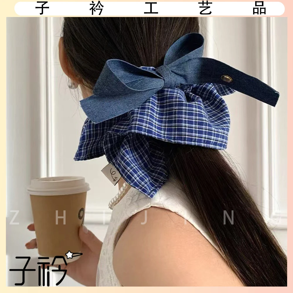 高弹力气质大肠发圈蝴蝶结复古牛仔蓝女马尾发圈大号织带马尾发圈