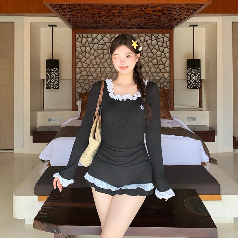 泳衣女大码微胖mm连体荷叶边遮肚显瘦法式复古长袖温泉度假