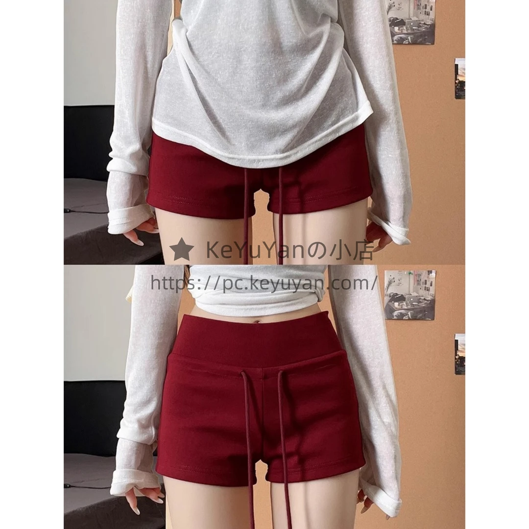 红色辣妹运动短裤女夏季2025新款小个子抽绳瑜伽包臀显瘦低腰热裤