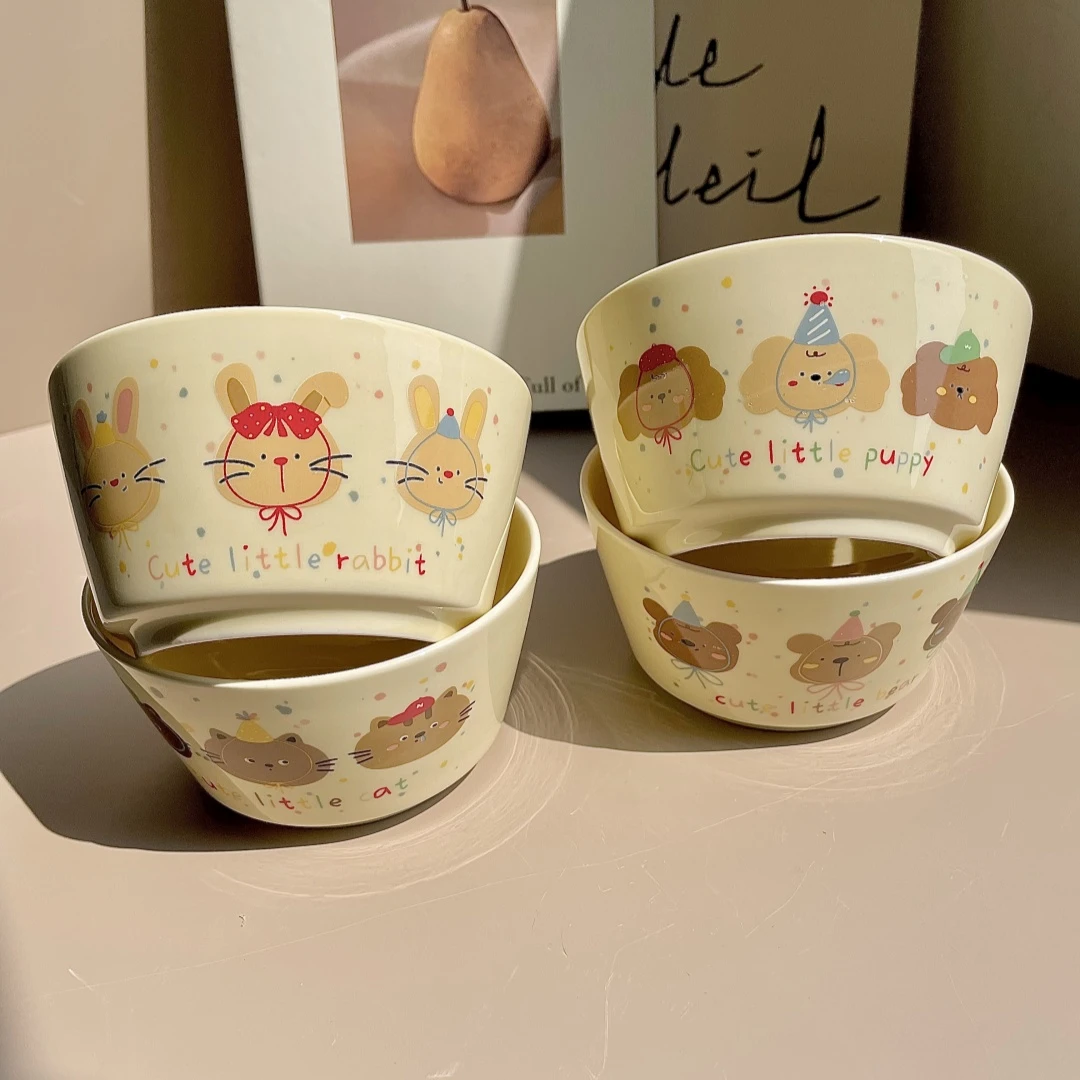 2025新款4个装动物派对沙拉碗易清洗学生米饭碗卡通可爱陶瓷餐具