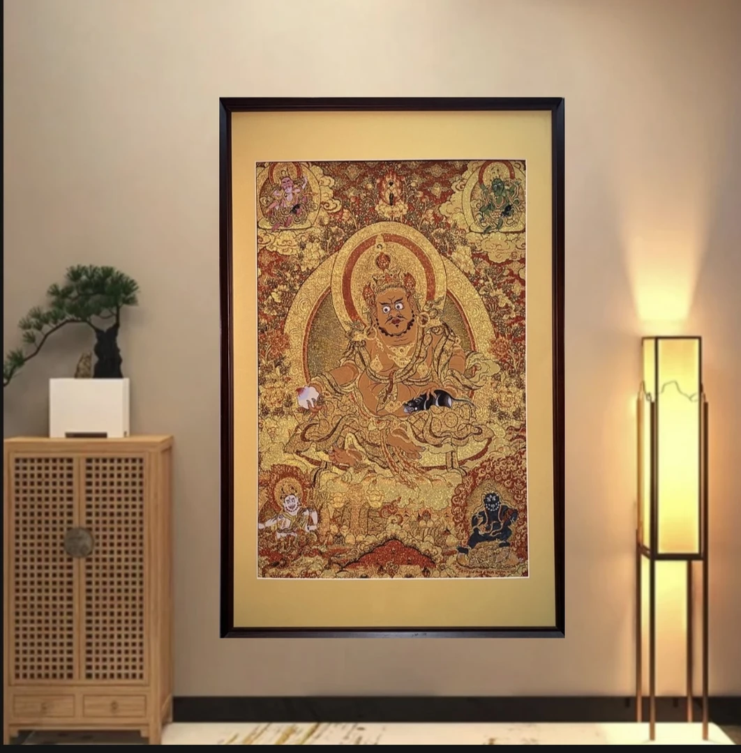 刺绣唐卡（藏传五路黄财神）挂画实木装裱茶室书房客厅背景墙装饰画