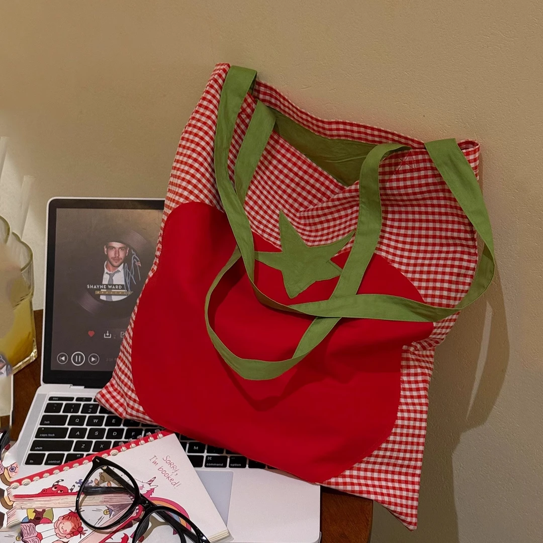 韩系格纹大图案帆布包大容量托特包通勤上班手提单肩包外出购物袋