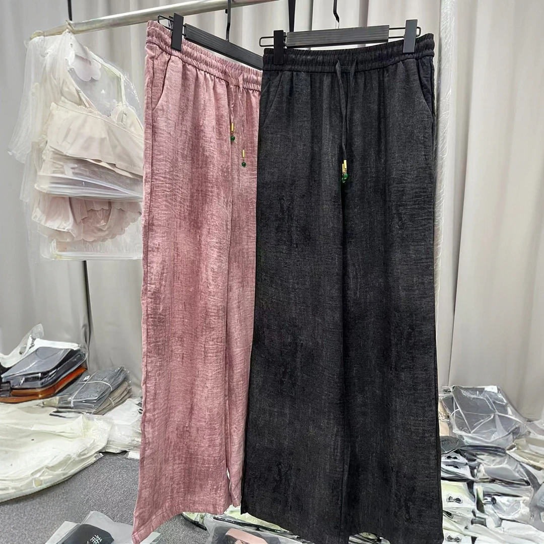 薄款国风抽绳装饰扎染直筒裤阔腿长裤女