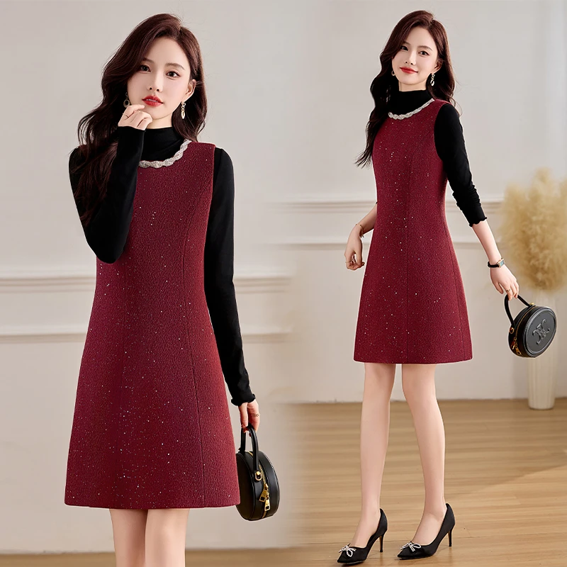 名媛小香风连衣裙两件套女2025早春新款重工钉珠毛呢背带裙打底衫