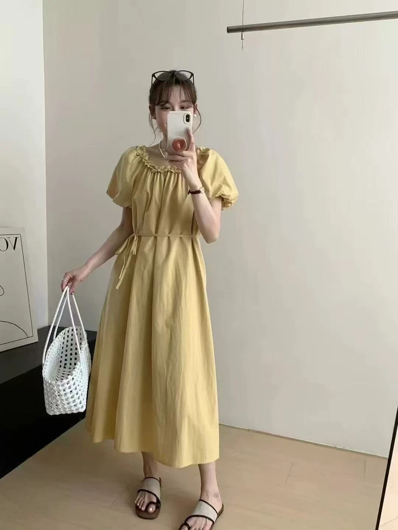 焕25.9-39.9码 中长泡泡袖捏褶连衣裙