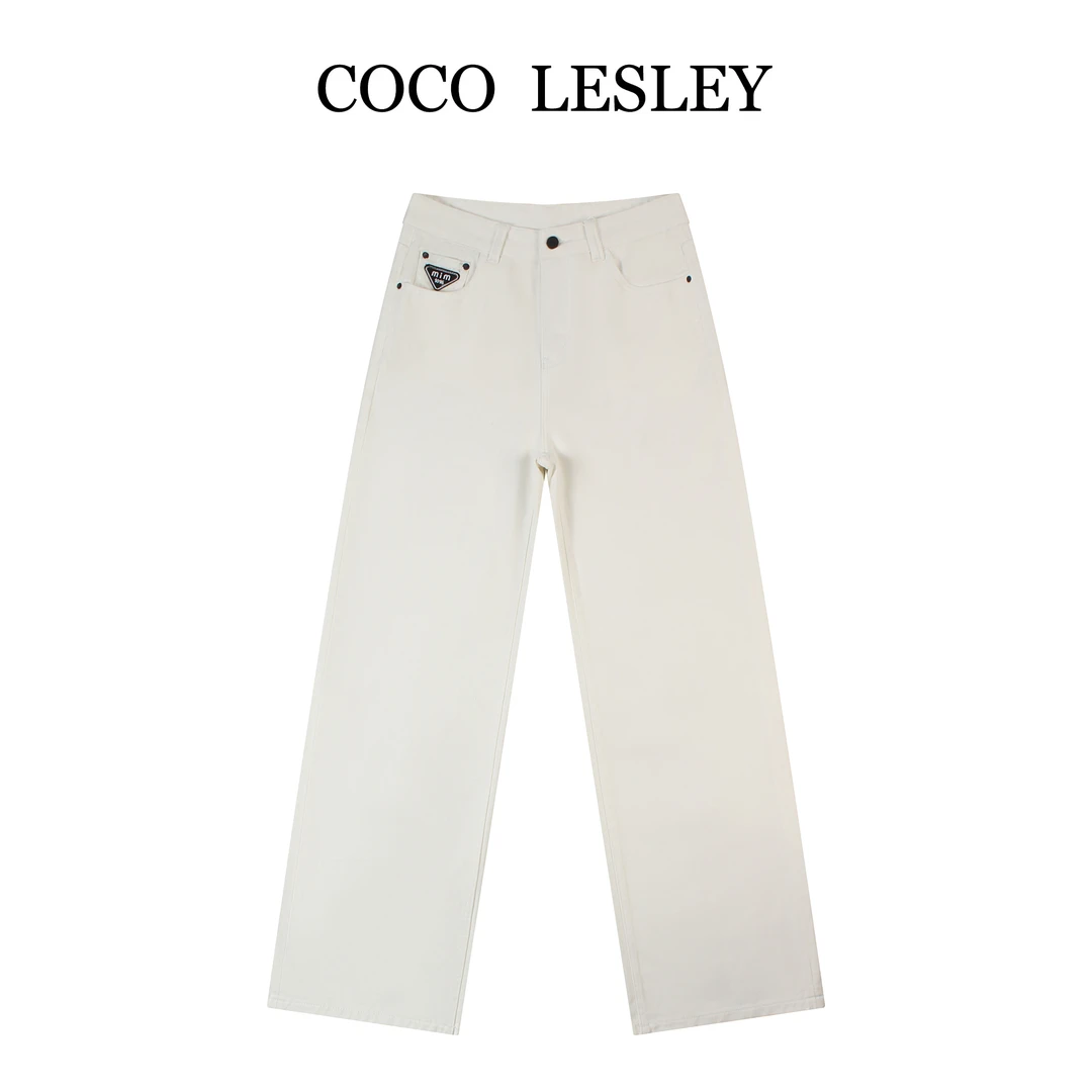 【COCO LESLEY】徽章阔腿拖地牛仔裤裤简约百搭宽松LW5608