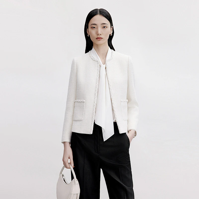 LANCY/朗姿秋季新款时尚绵羊毛圆领小香风外套女简约法式上衣