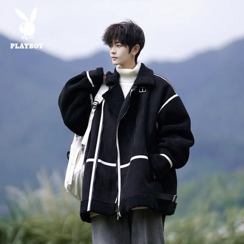 花花公子羊羔毛皮毛一体外套男款冬季加厚美式潮牌撞色棉衣青少年