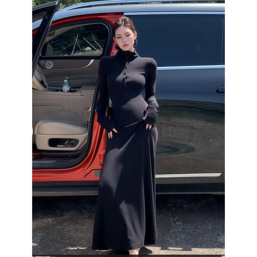 纯欲风辣妹Polo领长袖连衣裙女2025早秋新款修身显瘦高级感包臀裙