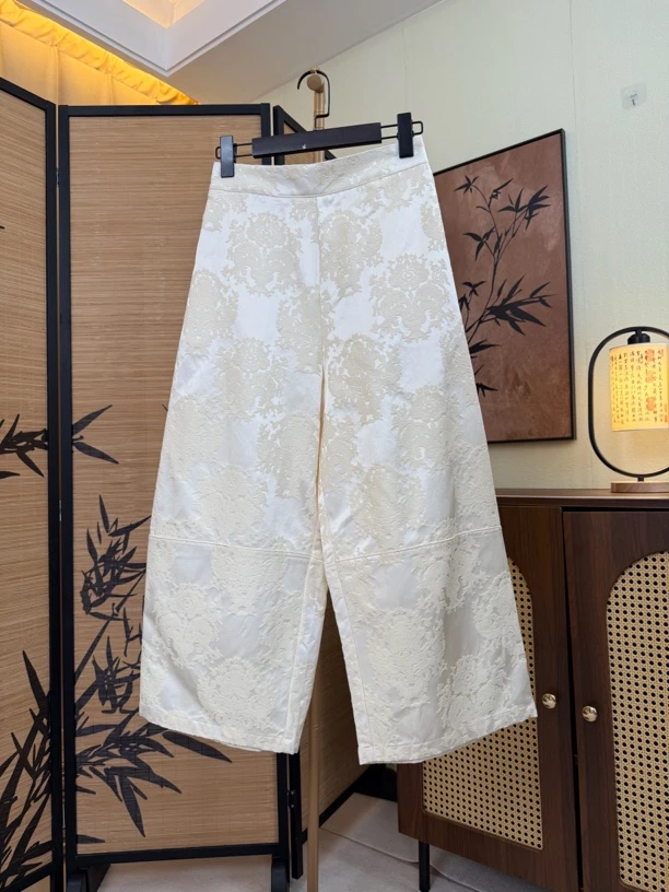 新中式提花松紧腰九分阔腿休闲裤复古百搭显瘦中高腰