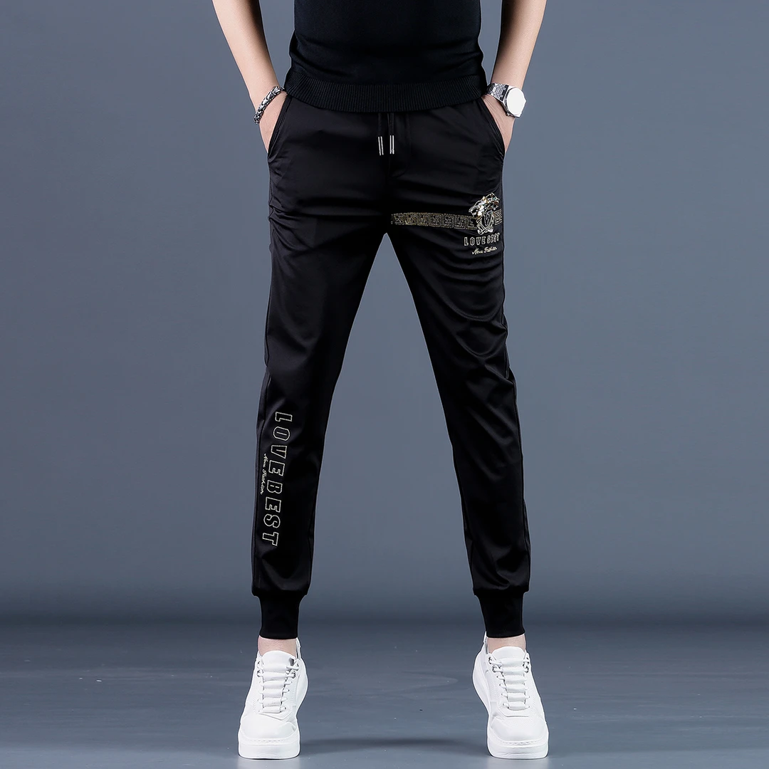 高端刺绣运动裤夏季潮流新款修身小脚裤欧货百搭弹力薄款男卫裤子